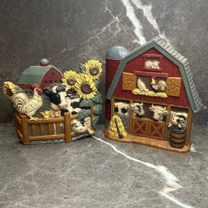 Home Interiors Gifts Vintage 1997 Farm Barn Cow Pig Rooster Wall Plaque Set 2